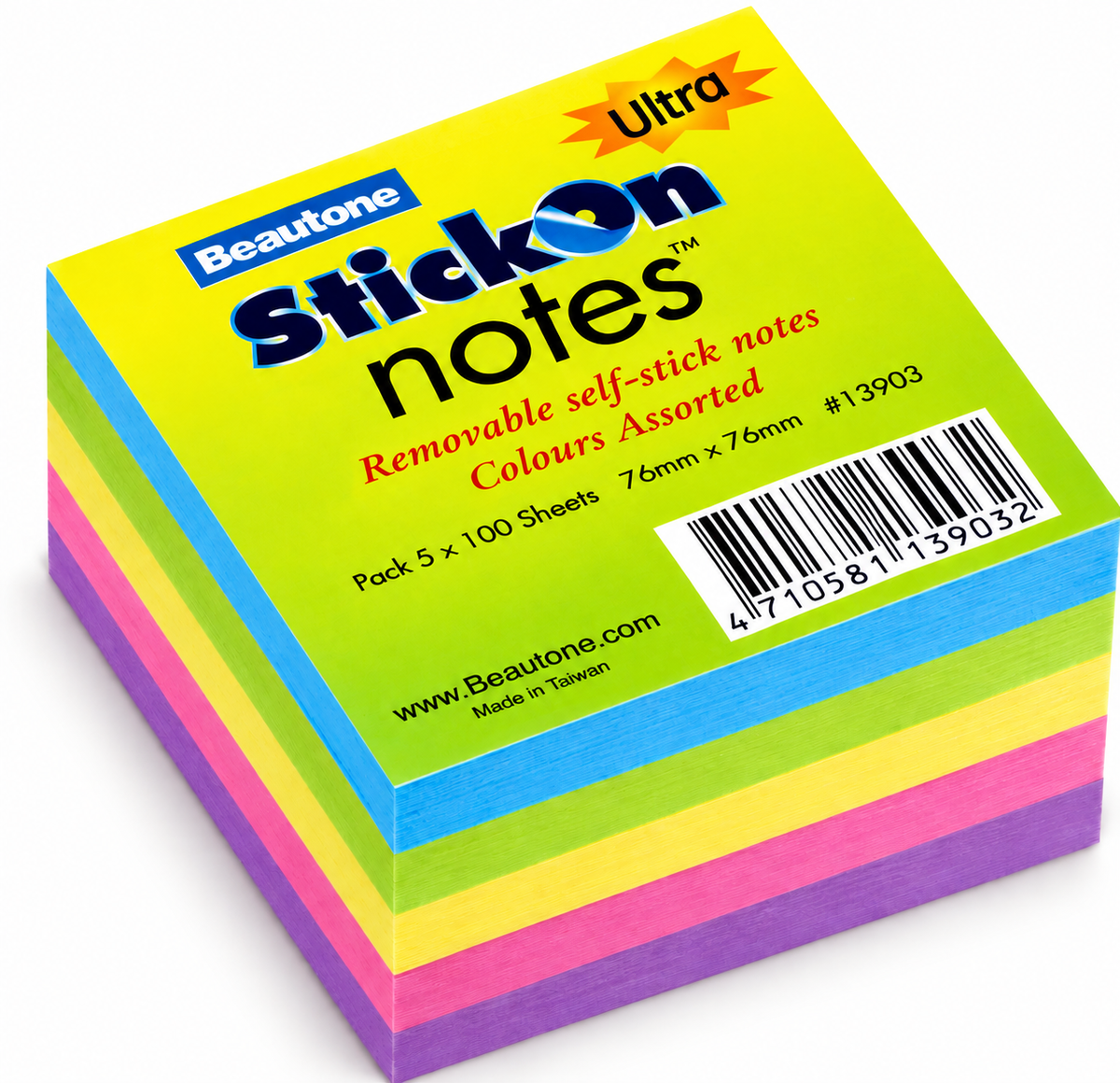Stick On Note Pad Coloured 76mm x 76mm Pkt 5 x 80 Sheets