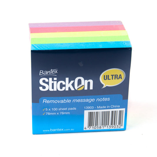 Stick On Note Pad Coloured 76mm x 76mm Pkt 5 x 80 Sheets