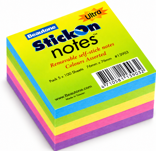 Stick On Note Pad Coloured 76mm x 76mm Pkt 5 x 80 Sheets